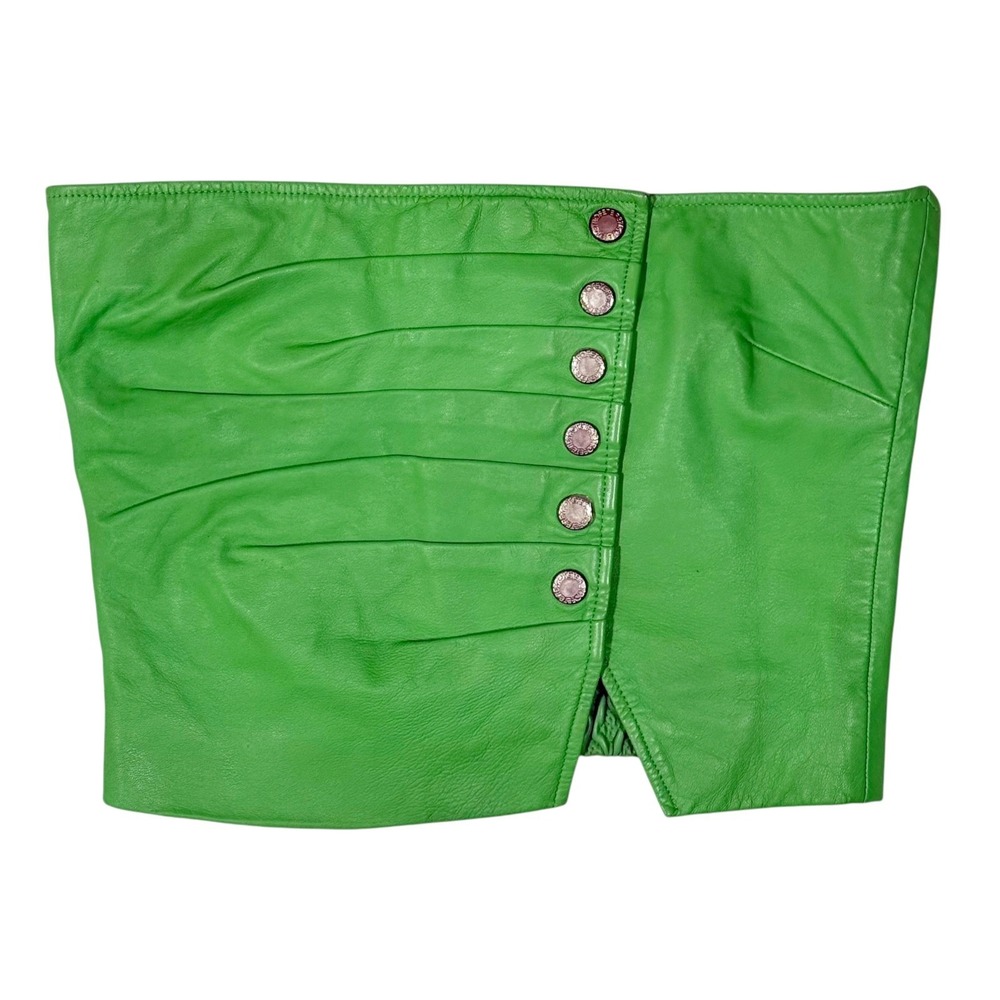 Bright Lime Green Leather Strapless Pleated Tube Top Side Button Detail M